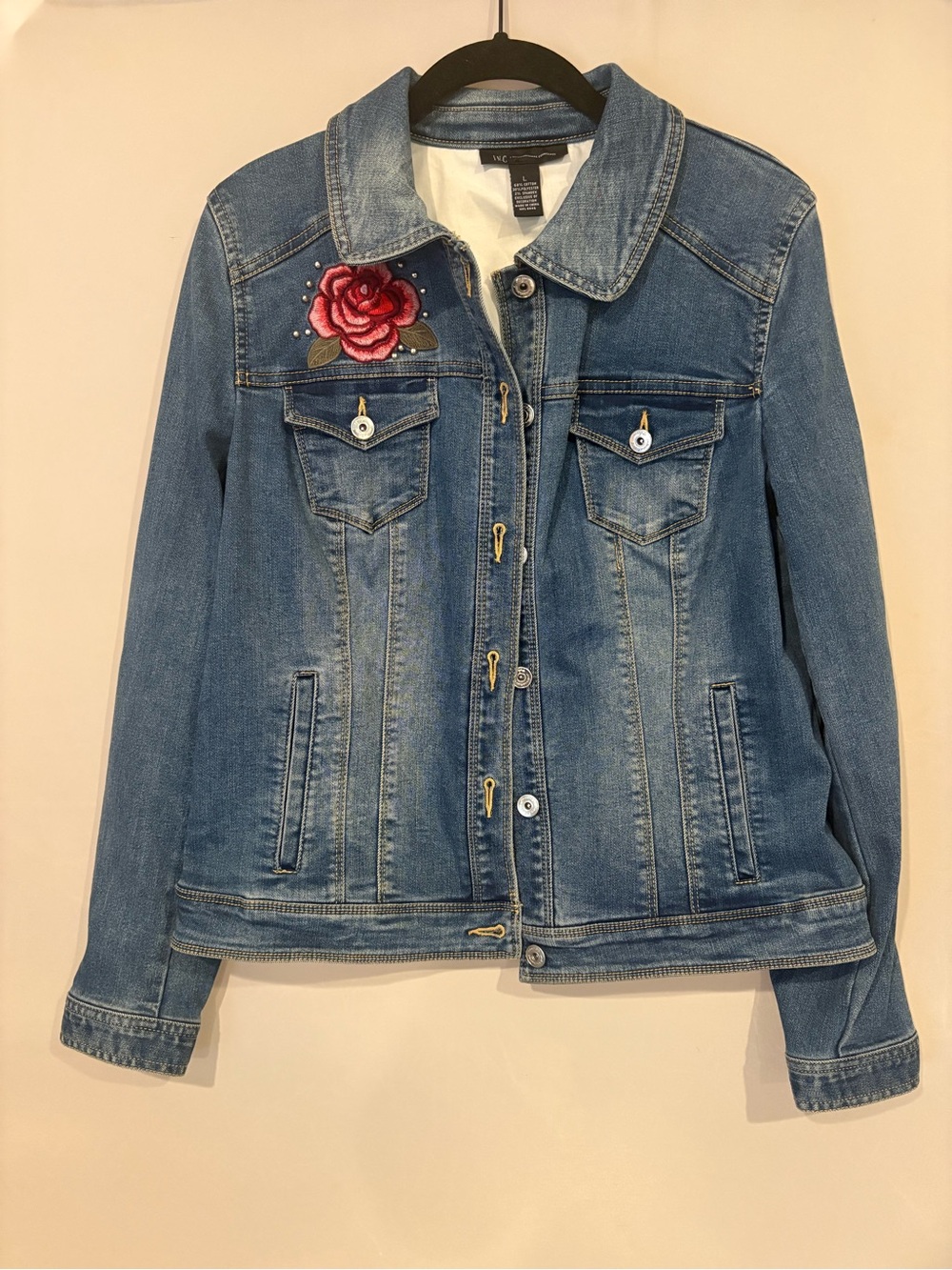 INC Denim Jacket with Silver Studs and Rose Embroidery - Blue